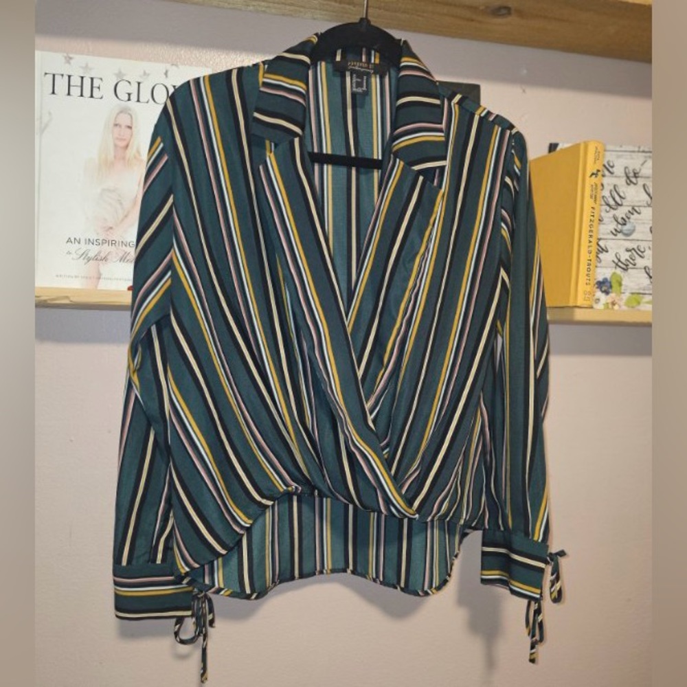 ✨ Striped Wrap Blouse - Green, Yellow, Black